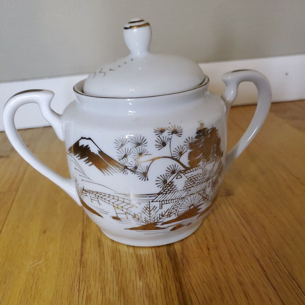 Kutani White & Platinum Hand Painted Sugar Bowl Kutani 1950s China Vintage